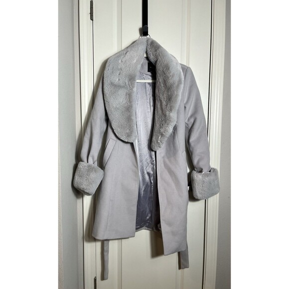 Forever21 Women Faux Fur-Trim Faux Suede Wrap Coat Sz M Grey - Picture 3 of 16